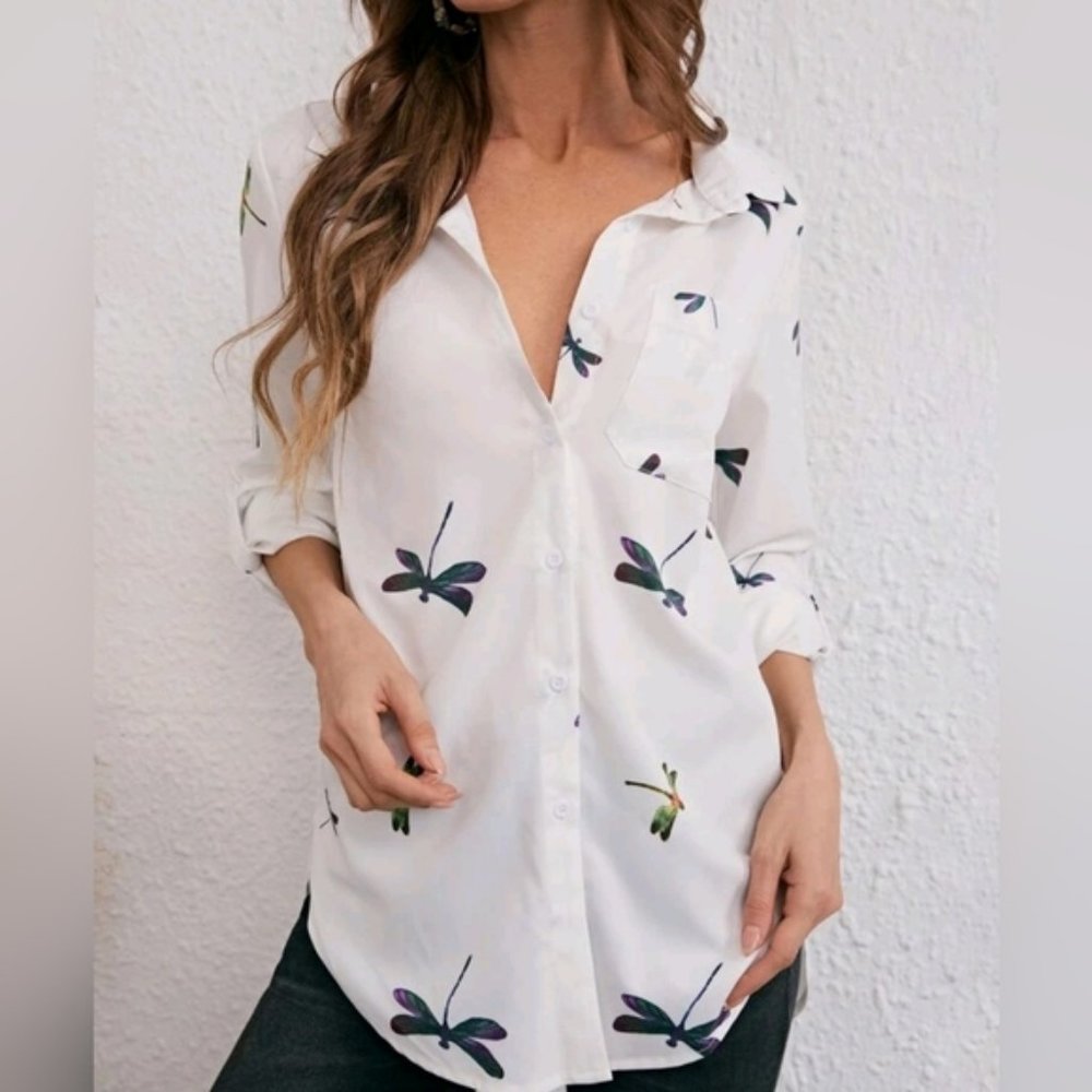 Emery Rose Dragonfly Button Down roll up sleeve blouse size medium